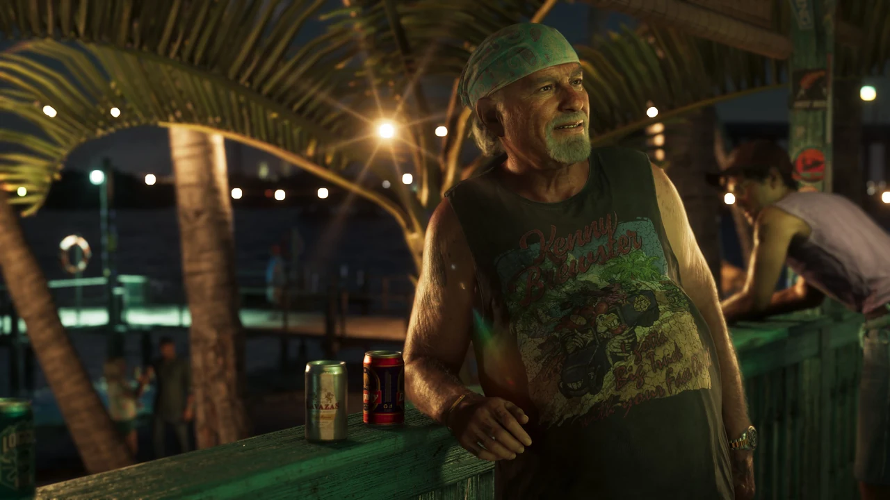 Captura oficial de GTA VI: Brian se apoya en una barandilla junto a dos latas