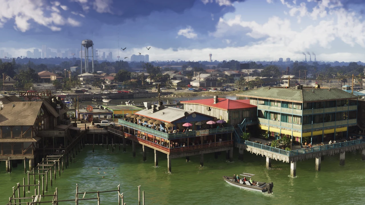Captura oficial de GTA VI: una lancha se dirige a construcciones sobre el agua en Grassrivers